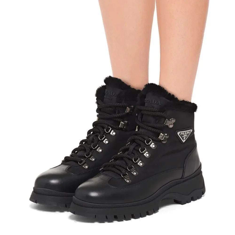 Prada Brixxen 38 Shearling-Lined Leather & Nylon Hiking Boots size 37.5
